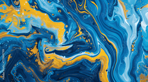 Abstract blue and yellow marble background with fluid acrylic paint swirls