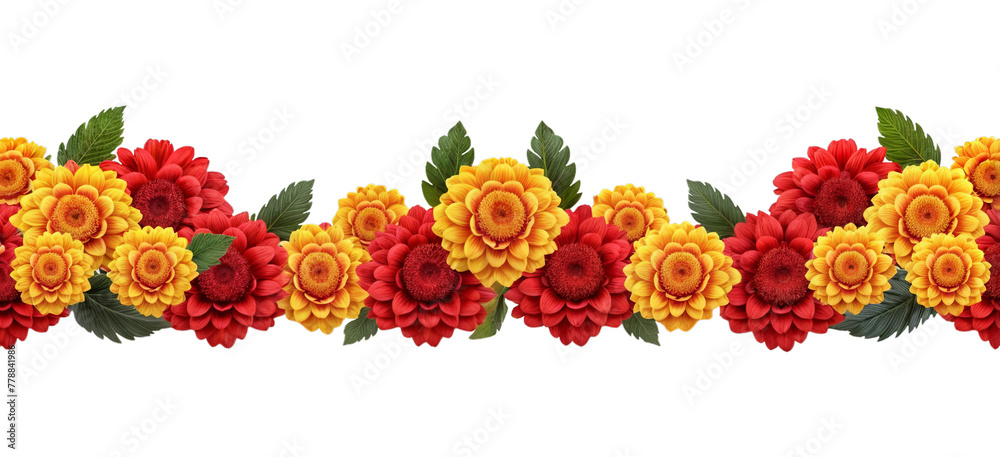 Orange and red marigold flowers isolated on transparent background. Chinese mid autumn festival or toran Indian traditional Diwali decoration. Symbol of mexican holiday Day of dead - obrazy, fototapety, plakaty 