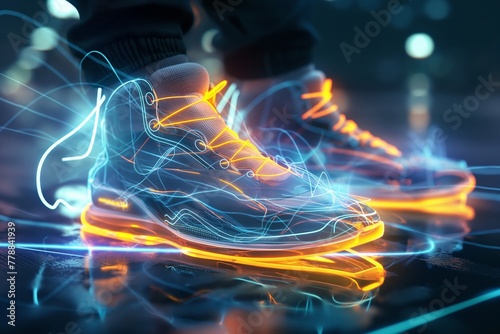 Sneakers with glowing neon light trails on a dark background, signifying motion and energy.