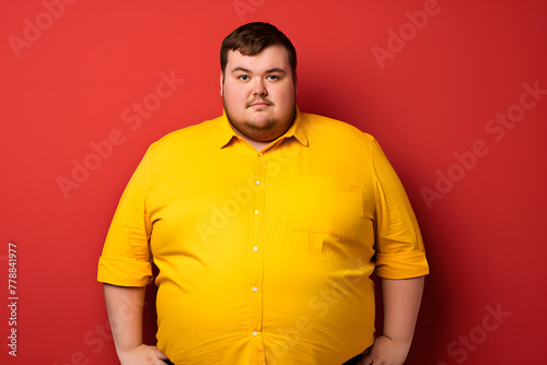 Overweight man in yellow shirt against plain red background.