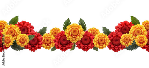 Orange and red marigold flowers isolated on transparent background. Chinese mid autumn festival or toran Indian traditional Diwali decoration. Symbol of mexican holiday Day of dead