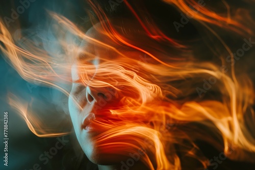 Artistic portrait of a person with vibrant flame-like effects swirling around the face.