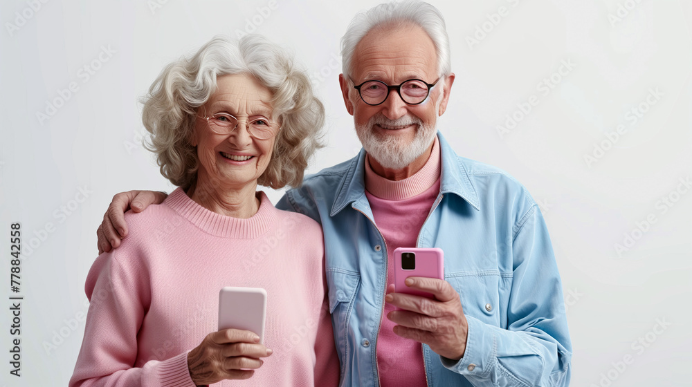 Smiling Elderly Couple with Smartphones, Casual and Connected Smiling Elderly Couple with Smartphones, Casual and Connected