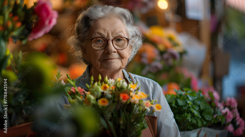 An elderly florist with glasses and an apron stands against a flower shop background An elderly florist with glasses and an apron stands against a flower shop background