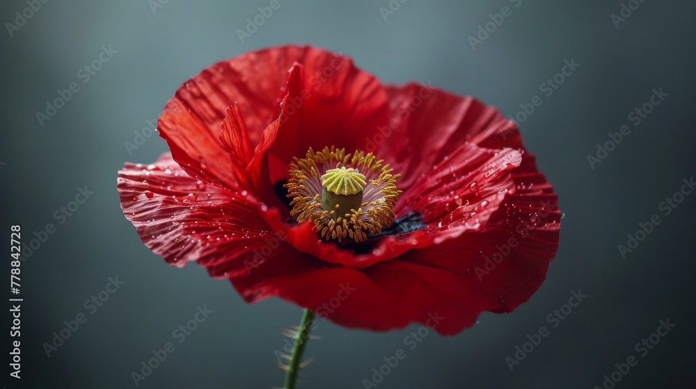 Close-up photo of vibrant red flower with wet droplets on petals and green stem against dark backdrop Close-up photo of vibrant red flower with wet droplets on petals and green stem against dark backdrop