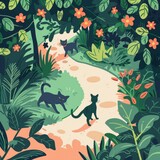 A charming illustration of playful cats meandering through a lush garden, their vibrant coats complementing the vivid flora around them.