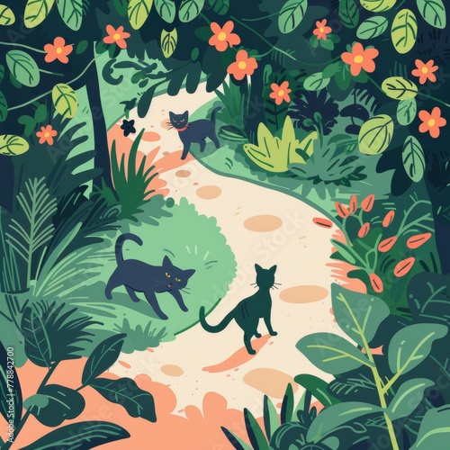 A charming illustration of playful cats meandering through a lush garden  their vibrant coats complementing the vivid flora around them.