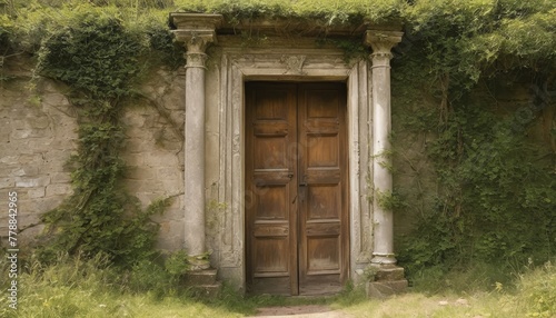 An antique wooden door set in a stone doorway, overgrown with lush greenery, invoking a sense of history and mystery