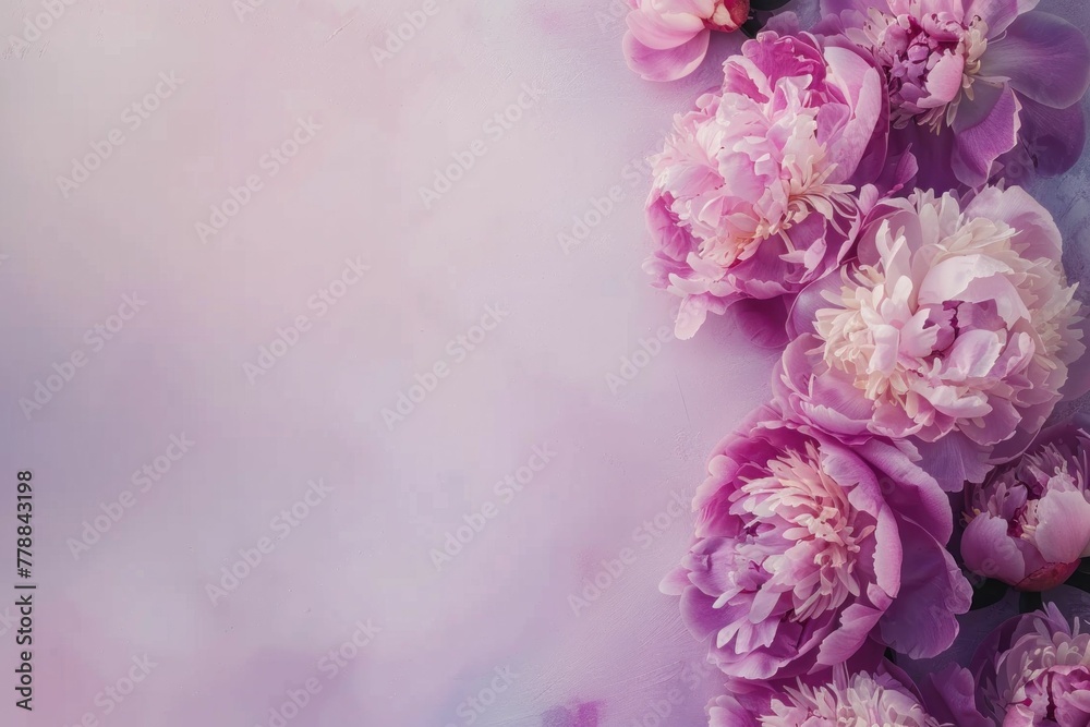 Beautiful pink peonies on a vibrant purple background with space for text or photo Beautiful pink peonies on a vibrant purple background with space for text or photo