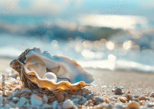 A pearl in an open oyster on the beach