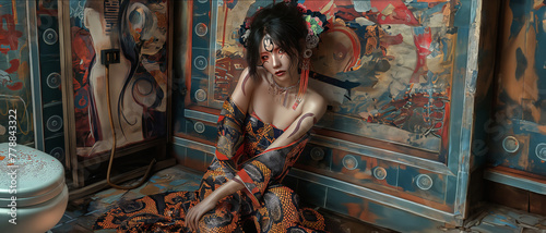 geisha assise dans des sanitaires © Franck Henry