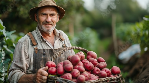 Portrait of a farmer holding a basket of red potato's with a big space for text or product advertisement, Generative AI. © Noobs
