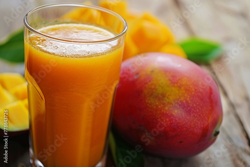 Fresh mango juice, glass beside ripe sliced fruit, wooden table. Healthy eating lifestyle, vegan