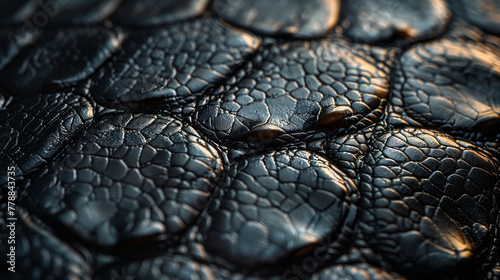 Extreme close-up macro shot of a black crocodile leather texture, highlighting the glossy scales and ridges in high detail, exuding exotic luxury