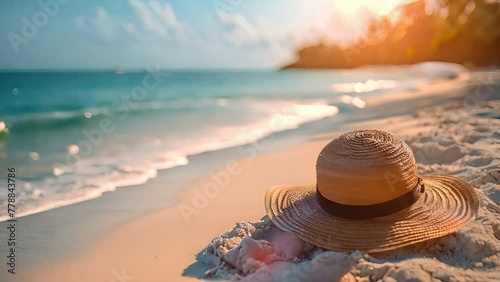 Tropical beach with sea star on sand, summer holiday background. Travel and beach vacation, free space for text. Summer concept sunglasses,hat and shells sunlight shining 4k video photo