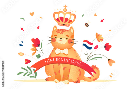 Koningsdag or King Day with orange cat and crown encircled with tulips. Birthday of Willem-Alexander. Holiday in the kingdom of Netherlands on 27 april. Vector illustration.