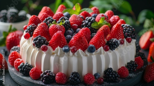  A close-up of a cake on a plate, adorned with juicy strawberries and vibrant raspberries