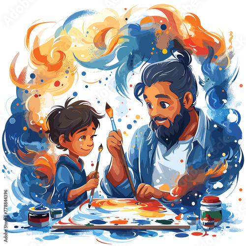 A touching illustration of a father teaching his son to draw Cartoon Vector 