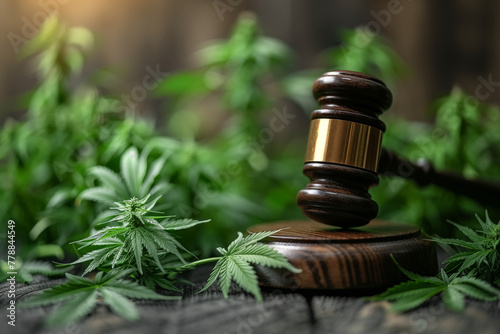 judge's gavel next to green marijuana leaves in the foreground. Legal Symbolism
