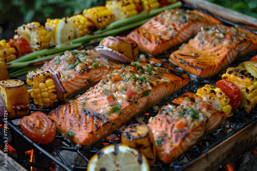 Grilled salmon, vegetables, flaming barbecue, summer cookout. Healthy eating Grilled salmon, vegetables, flaming barbecue, summer cookout. Healthy eating