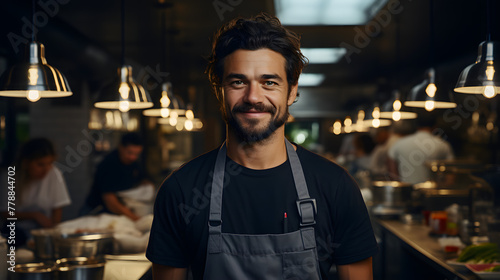 Cheerful chef in chic kitchen  exuding expertise with delightful smile.