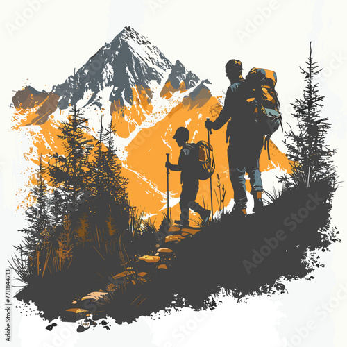 A Silhouette Of A father and son hiking up Cartoon Vector  