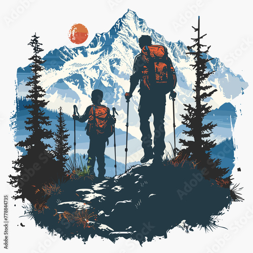 A Silhouette Of A father and son hiking up Cartoon Vector  