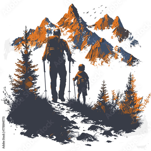 A Silhouette Of A father and son hiking up Cartoon Vector  