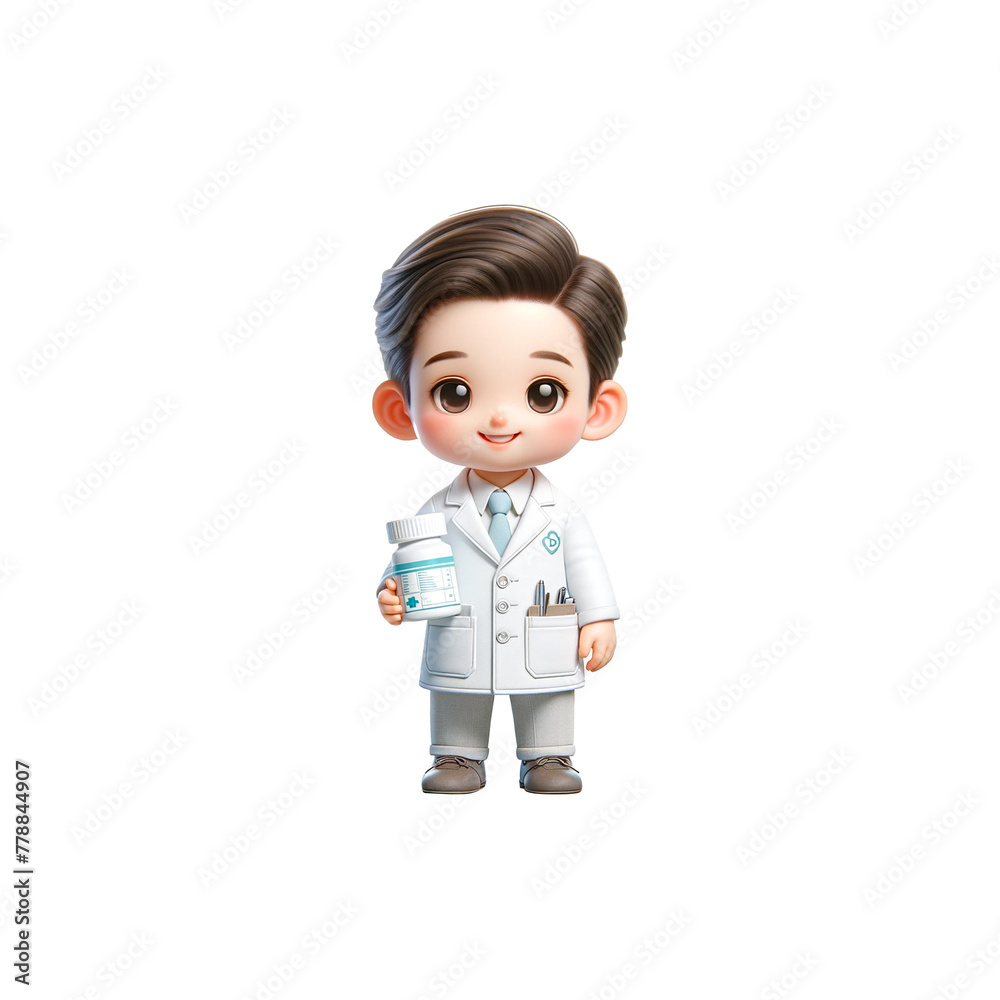 A cute male baby Pharmacist in a white coat, holding a medication bottle, smiling and standing confidently, isolated on a White background A cute male baby Pharmacist in a white coat, holding a medication bottle, smiling and standing confidently, isolated on a White background