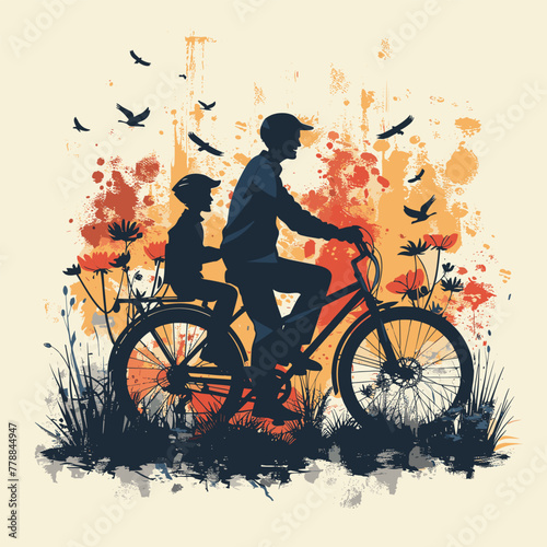 A Silhouette Of a father and son riding a bicycle Cartoon Vector 