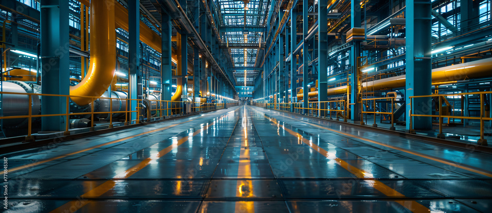 Fototapeta premium Industrial pipelines in a modern factory. Engineering, manufacturing, and industrial architecture concept. Design for corporate report, industry brochure, technical background