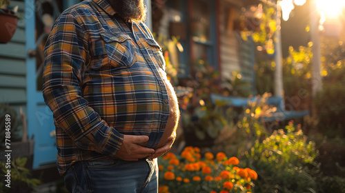 Close-up of a bearded man in a plaid shirt holding his pregnant belly, standing in a garden at sunset with warm golden light illuminating the scene.