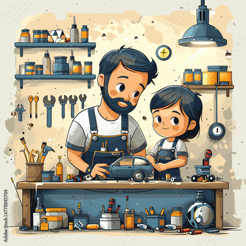 An Illustration of a father and son working Cartoon Vector