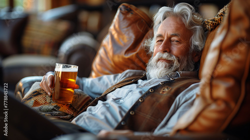 Relaxed senior man with a beard lounging in a leather armchair, holding a glass of beer with a content smile, in a cozy indoor setting.
