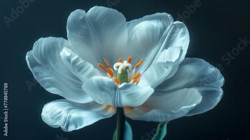  A high-resolution photo of a white flower against a black backdrop, with the interior of the flower blurred