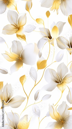 Gold flower petals and leaves on white background seamless watercolor pattern spring floral backdrop 