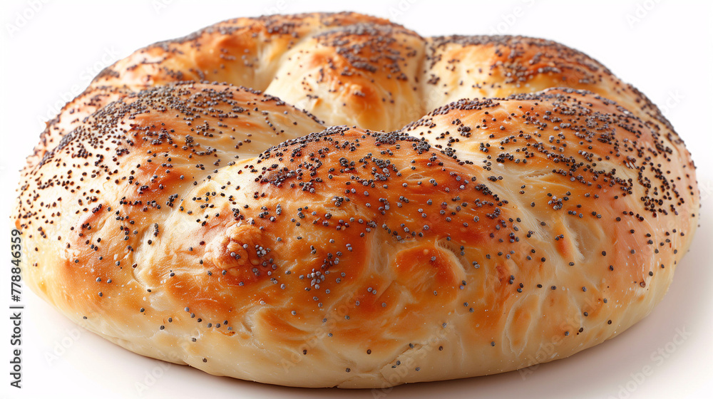 Freshly baked poppy seed bagel isolated on a white background, showcasing its golden-brown crust and sprinkled seeds with a soft, chewy texture visible. Freshly baked poppy seed bagel isolated on a white background, showcasing its golden-brown crust and sprinkled seeds with a soft, chewy texture visible.