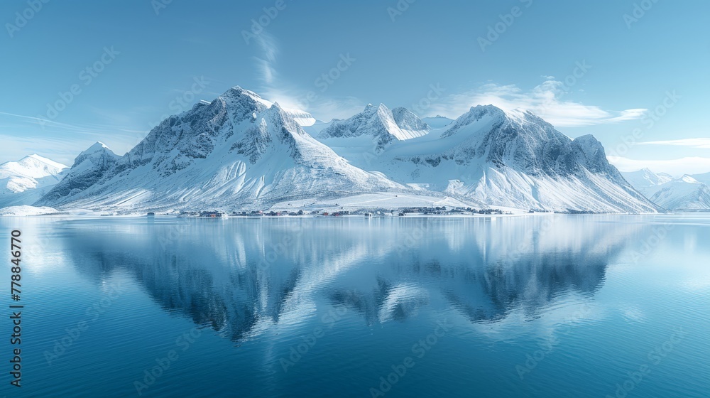   A mountain range is mirrored in a serene lake's surface, with snowy peaks in the distance