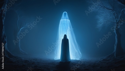 A spectral entity enshrouded in a blue cloak emerges from the shadows, setting an otherworldly scene within a haunted landscape
