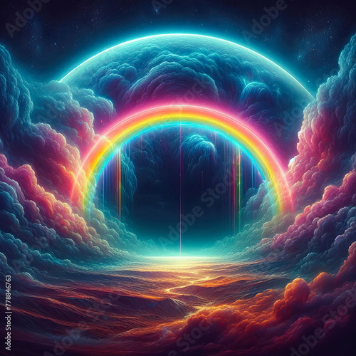 Electric Dreamscape: Neon Rainbow Arcs Through Vivid Clouds. generative AI © EVISUAL
