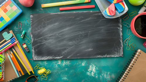 Photo of a chalkboard and school supplies on a green background photo