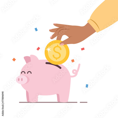 Hand holding coins and put into piggy bank. Saving money and bonus concept.