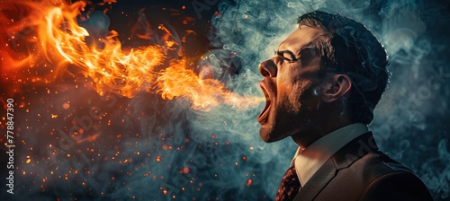 A businessman spitting fire from his mouth