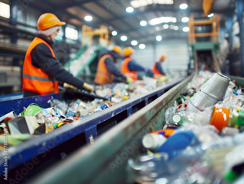 Sorting recyclables on a conveyor belt against the background of workers photo