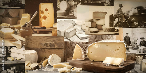 A collage with vintage photographs of cheese-making traditions in cheese production.