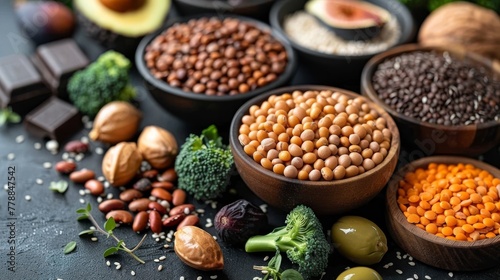  A diverse array of beans, broccoli, nuts, and other nutritious foods are arranged neatly in bowls on a table