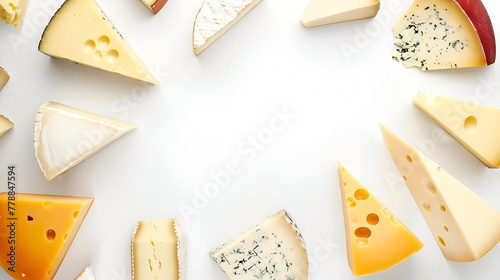 A frame of various slices of cheese on a white background, copy space photo