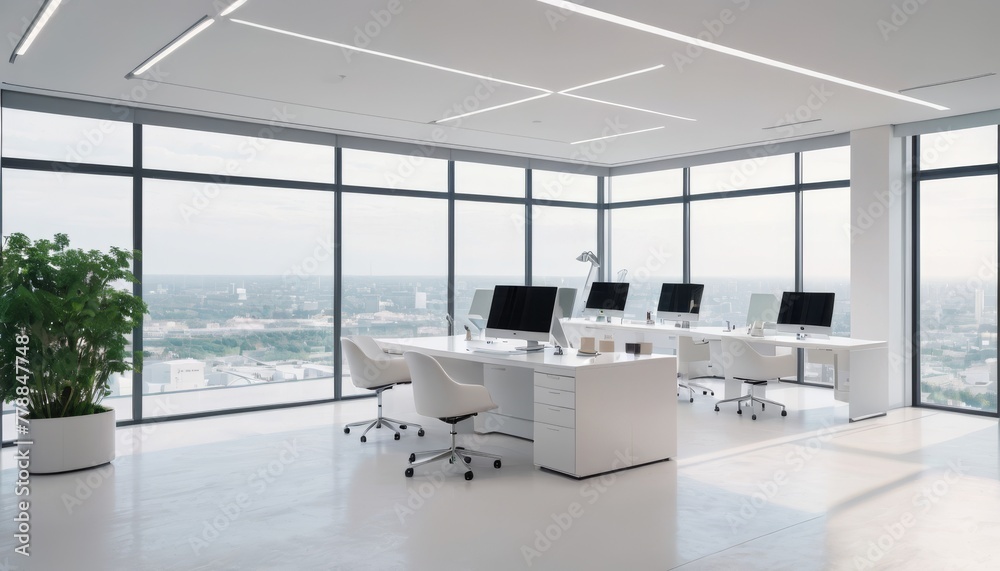 Minimalistic office space with modern furniture and expansive windows ...