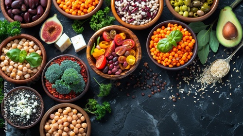  A table displaying various bean and vegetable bowls, alongside broccoli and an avocado