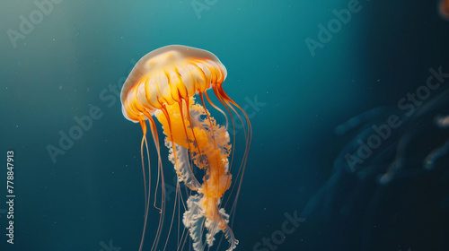 A jellyfish with orange hues glides through the dark blue ocean depths. © Jan